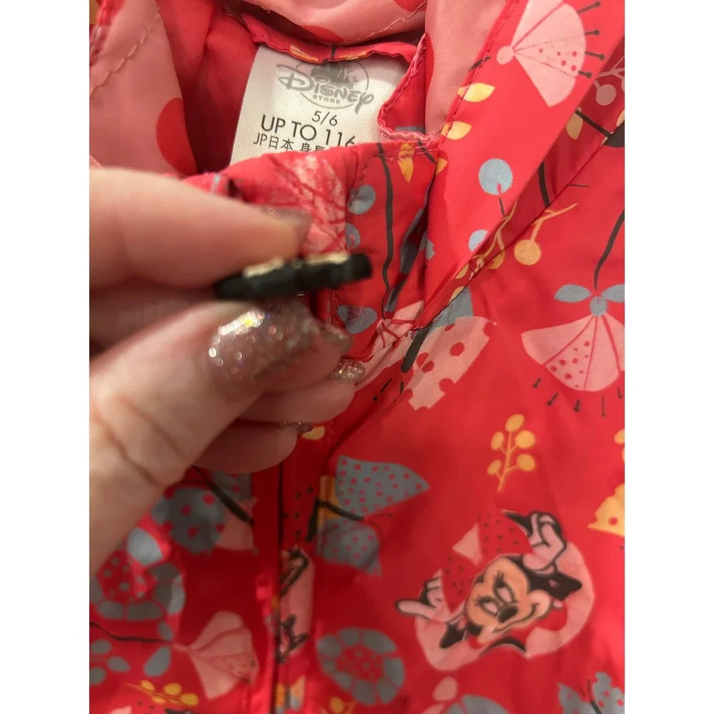 Disney Store Minnie Mouse Rain Jacket Red Floral Butterfly Hooded‎ Coat Kids 5/6